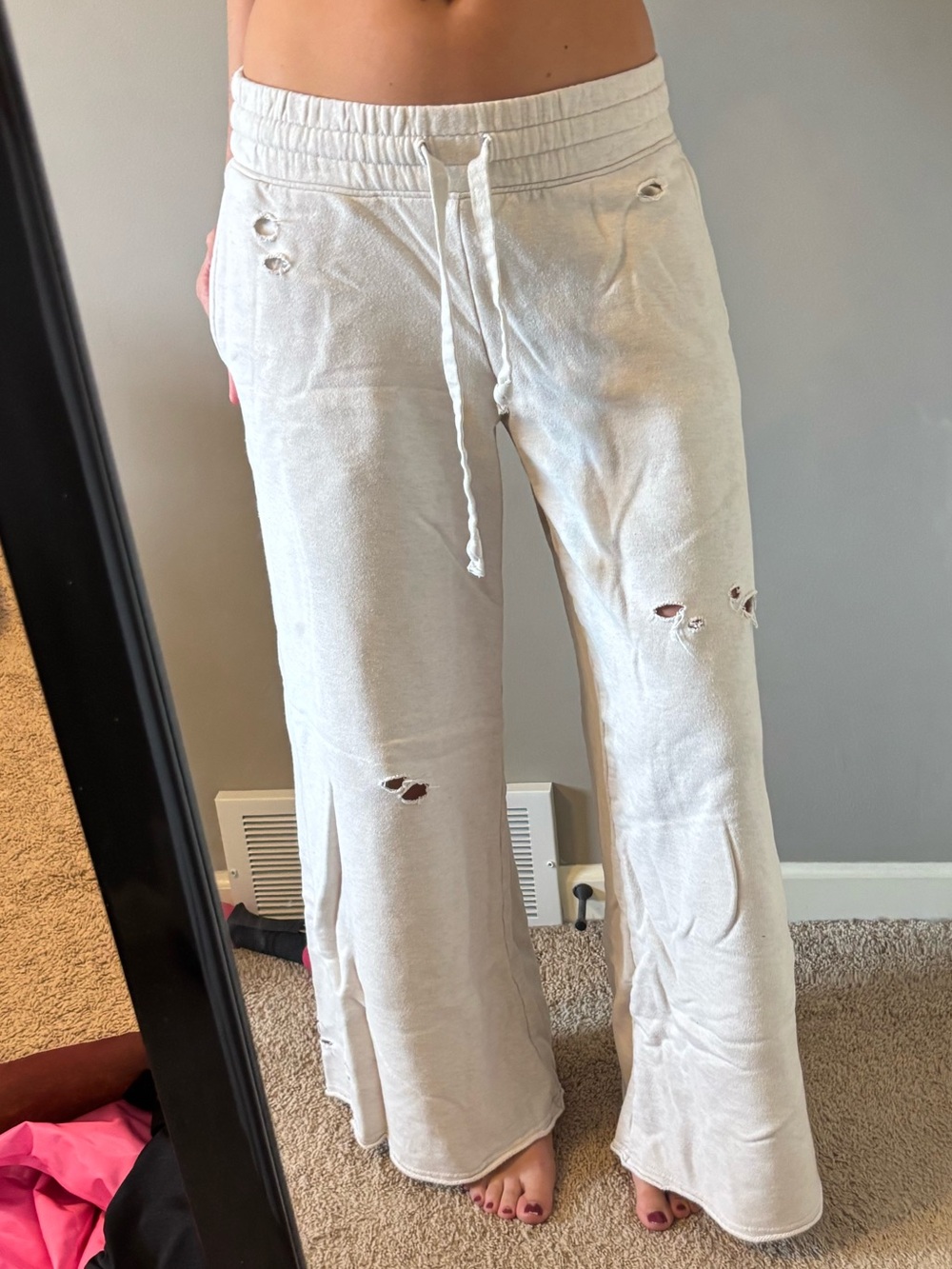 Aerie Cream Wide Leg Distressed Lounge Pants